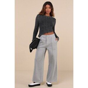 Lulus Poised Coziness Heather Grey Pintuck Wide-leg Sweatpant Trousers - Size S